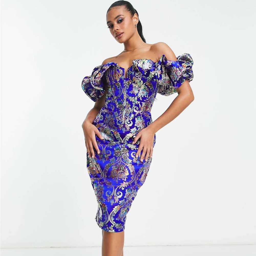 Lavish Alice jacquard corset detail puff sleeve midi dress in multi